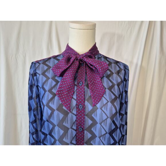 Hale Bob Womens 100% Silk Blue Purple Geometric Sheer Blouse Top Small - Picture 2 of 8